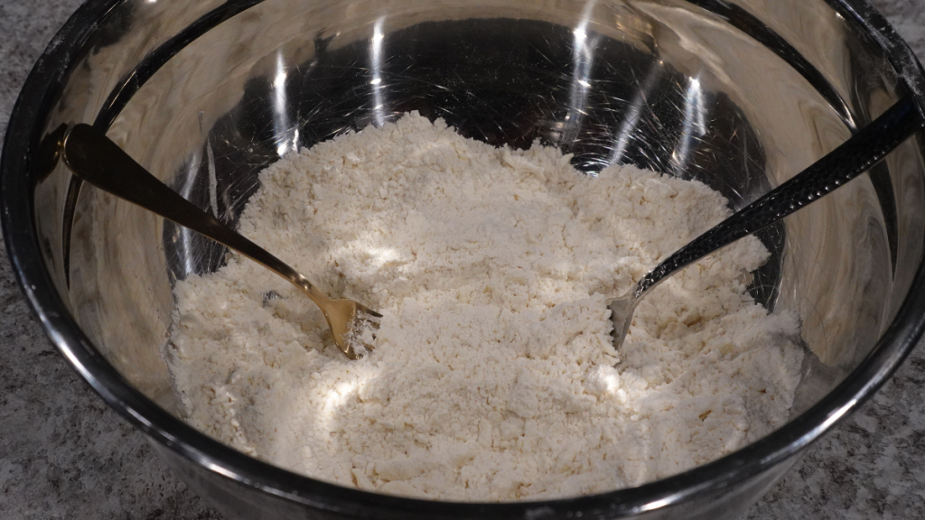 Flour cut with buttery goodness for the biscuits.