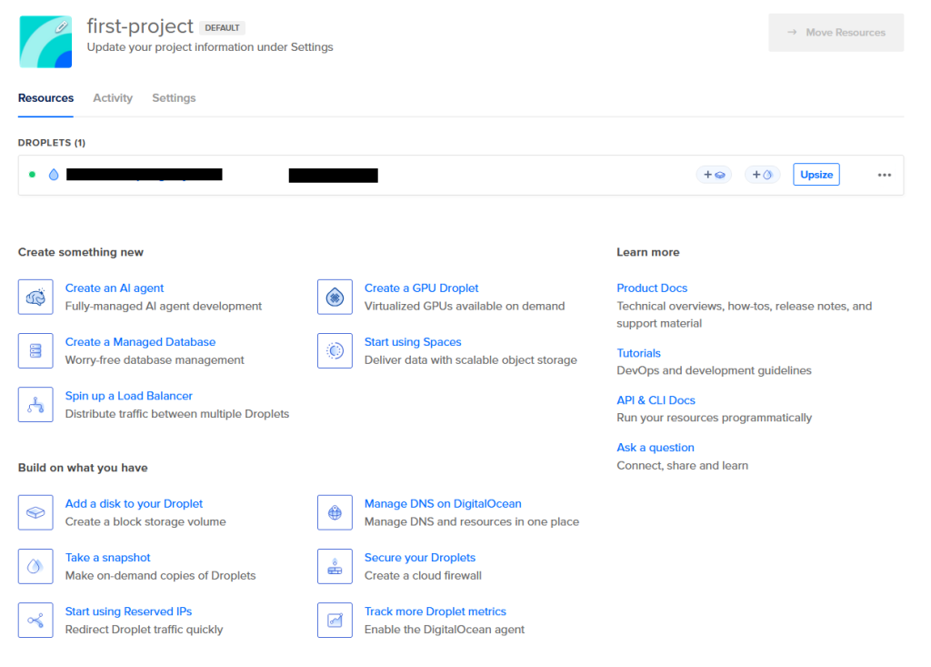 Your digital ocean droplet showing an IP