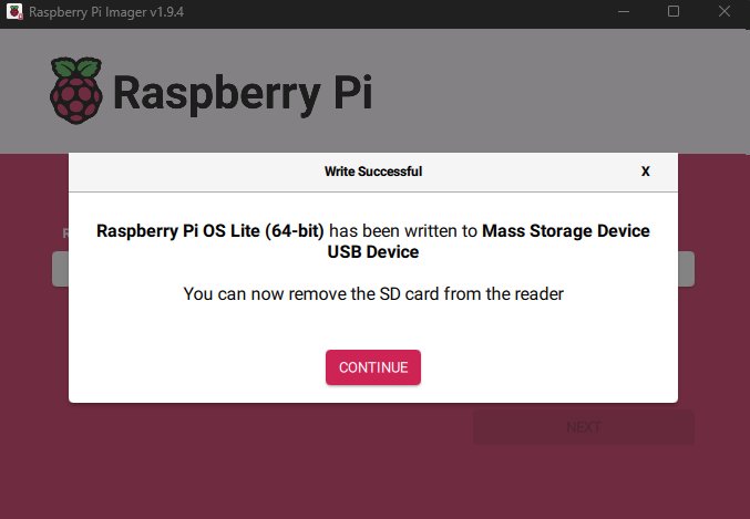 Raspberry Pi imager completed