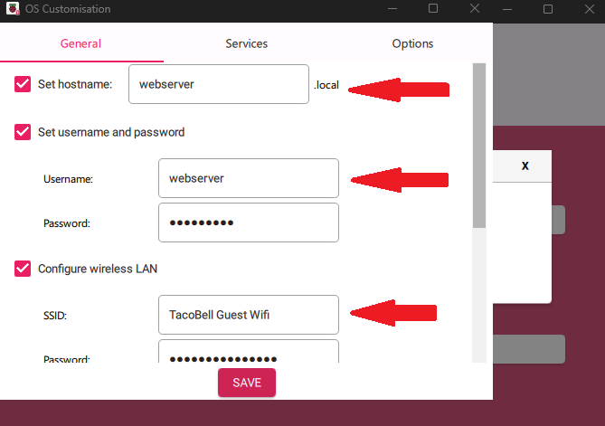 The options you need to fill in the imager